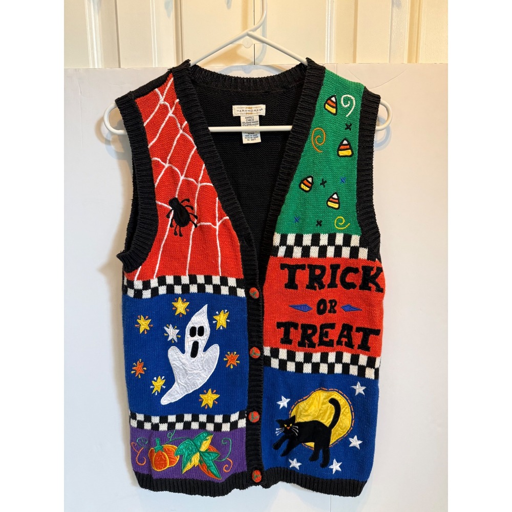 Yarnworks Halloween Sweater Vest Small Ghost Cat Trick or Treat Vintage Style